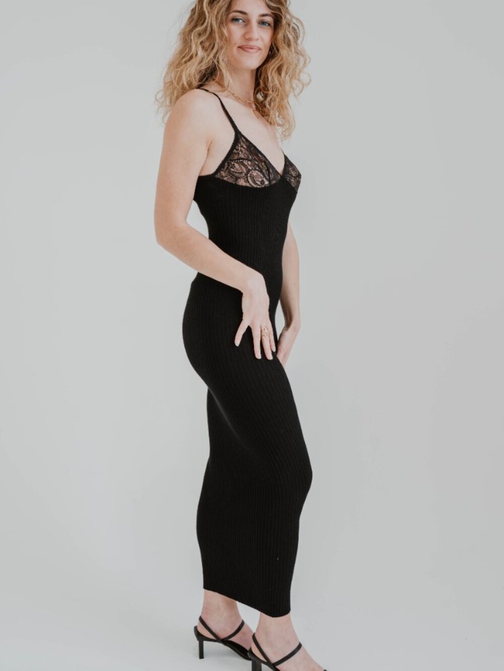 NWT RONNY KOBO PASCAL BLACK RIBBED KNIT LACE COMBO DRESS